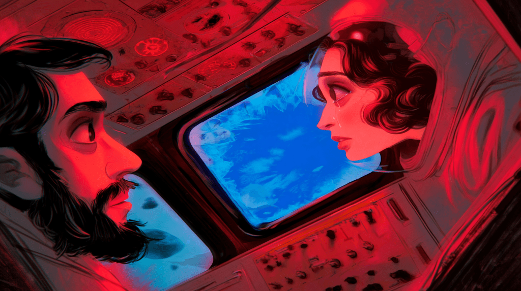 Illustration of a man and a woman in spacesuits, gazing at each other through the control panel of a spacecraft, with a blue and icy background visible through the window.