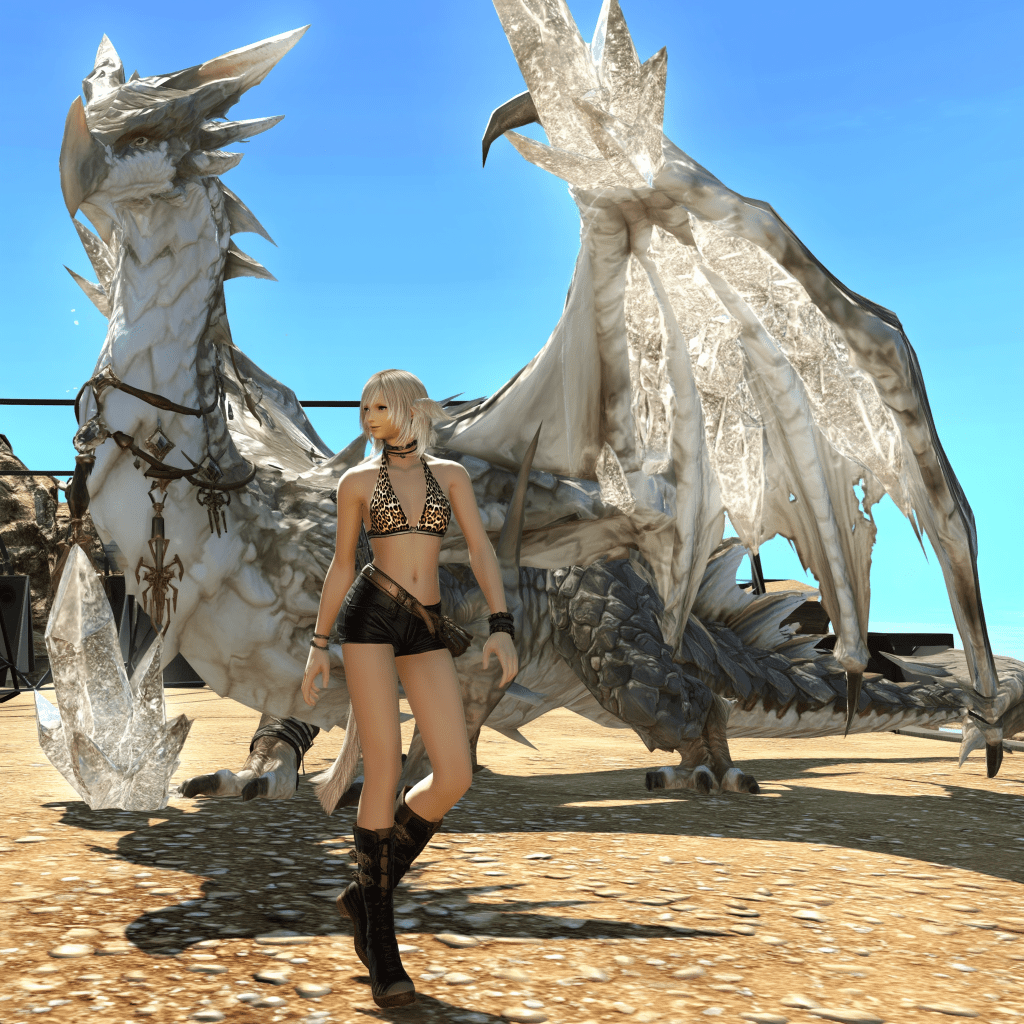 A female character in a leopard-print bikini and black shorts stands confidently in front of a large, majestic dragon with crystalline features against a blue sky.