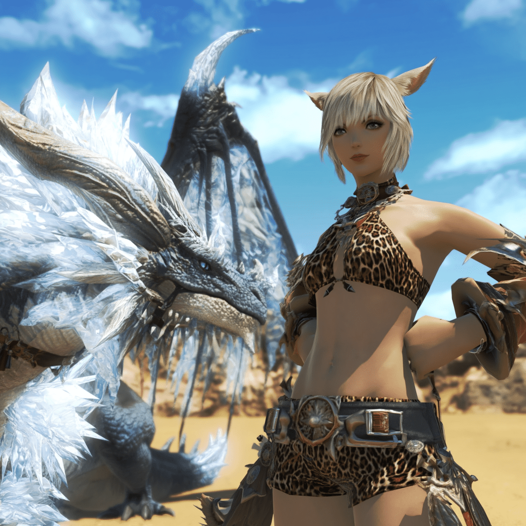 A character with cat-like features wearing a leopard-patterned outfit stands confidently in a desert landscape, with a massive icy dragon in the background.