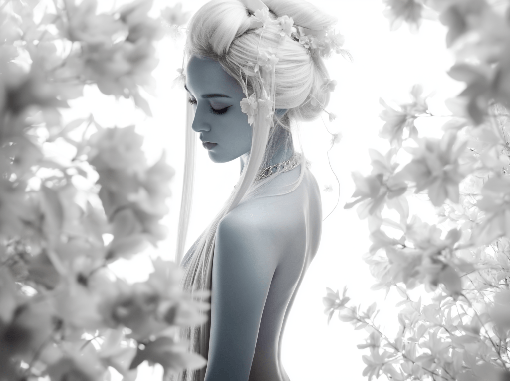 A profile view of a woman with long, light hair, surrounded by white flowers, conveying a serene and ethereal atmosphere.