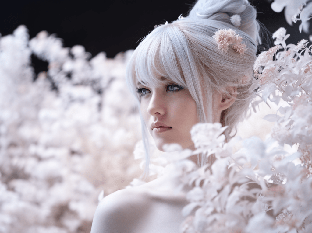 A serene portrait of a woman with long, silvery hair adorned with flowers, surrounded by soft, pale foliage.