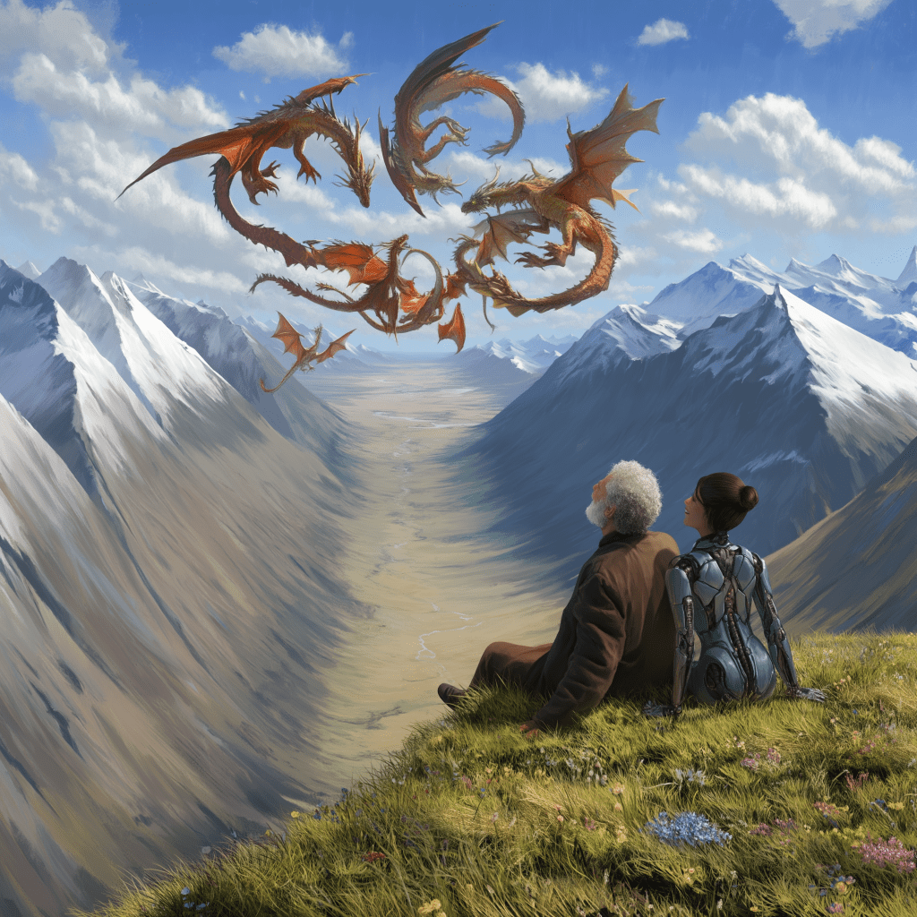An elderly man and a woman with robotic features sit on a grassy mountain ledge, gazing up at several flying dragons against a clear blue sky, with snow-capped mountains in the background.