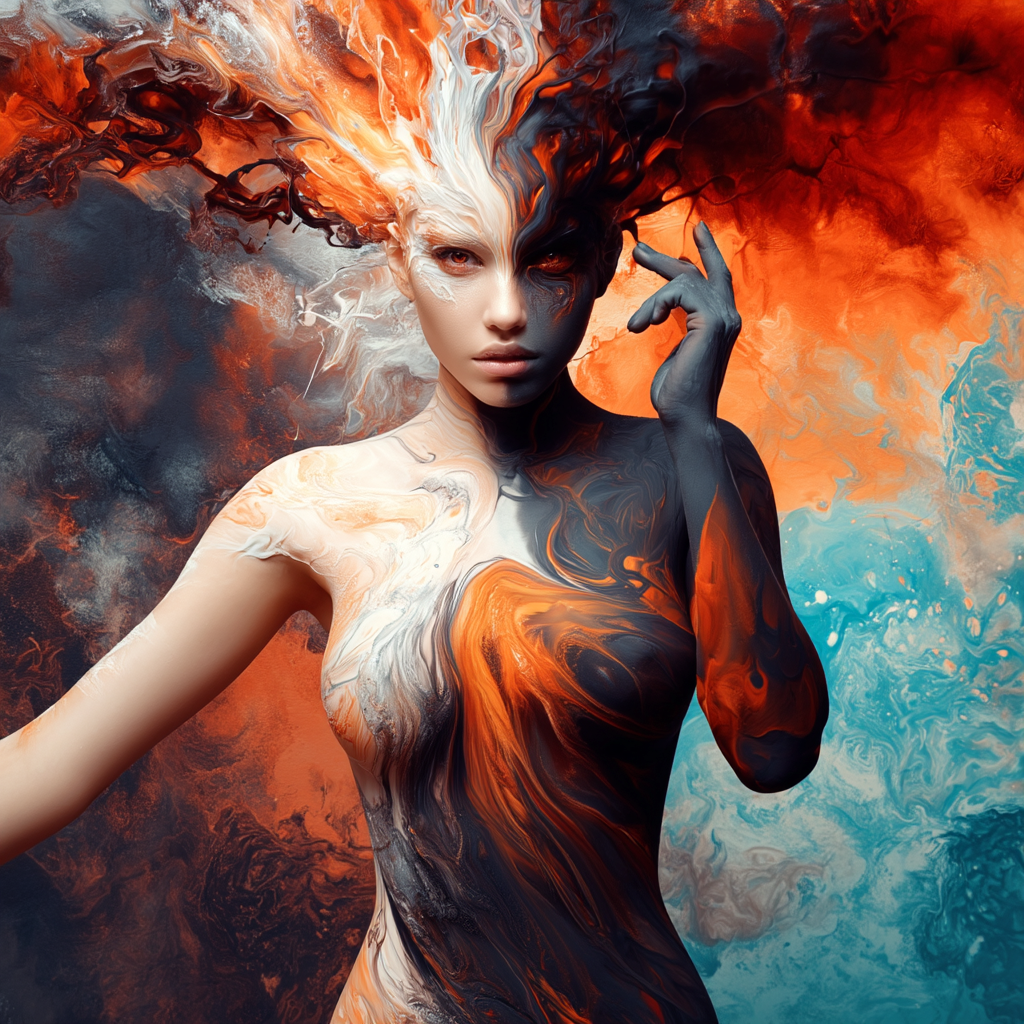 A woman with an artistic body paint design, featuring swirling colors of orange, black, and blue, with vibrant streaks resembling flames and smoke in her hair.