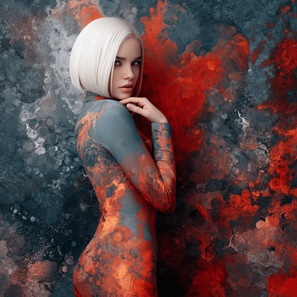 A woman with a sleek bob haircut wearing a colorful, abstract patterned outfit stands against a vibrant, swirling background of red and gray hues.