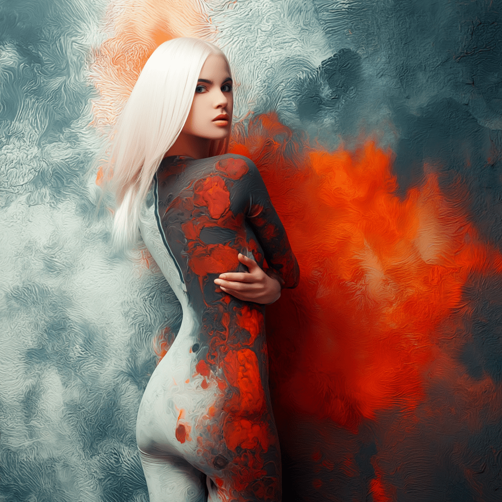 A woman with long white hair poses against an abstract background of red and gray colors, wearing a fitted bodysuit that features a swirling pattern.