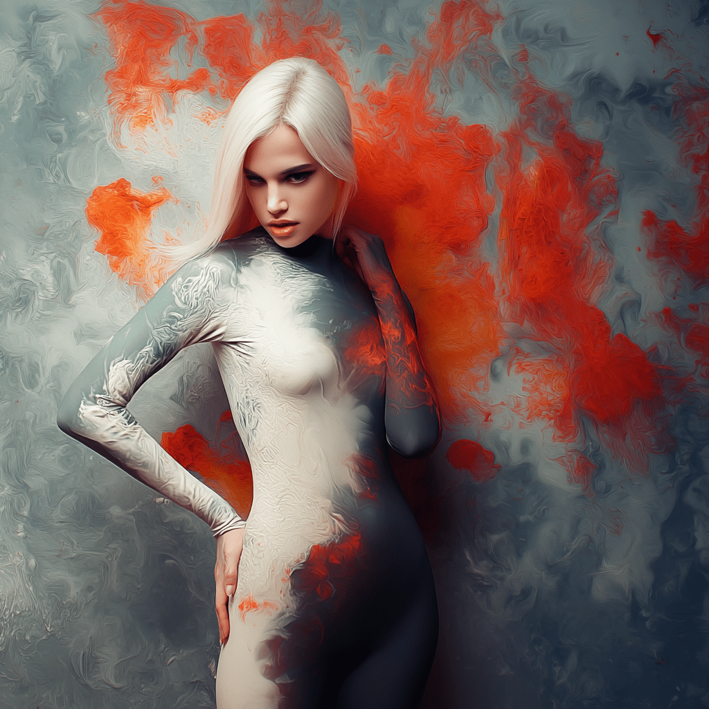 A model with long white hair poses against a textured backdrop of gray and orange, wearing a body suit that blends with the artistic colors surrounding her.