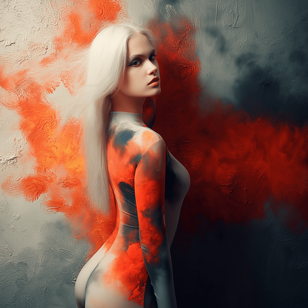 A model with long white hair poses against a textured background, wearing a form-fitting outfit with vibrant orange and gray patterns.