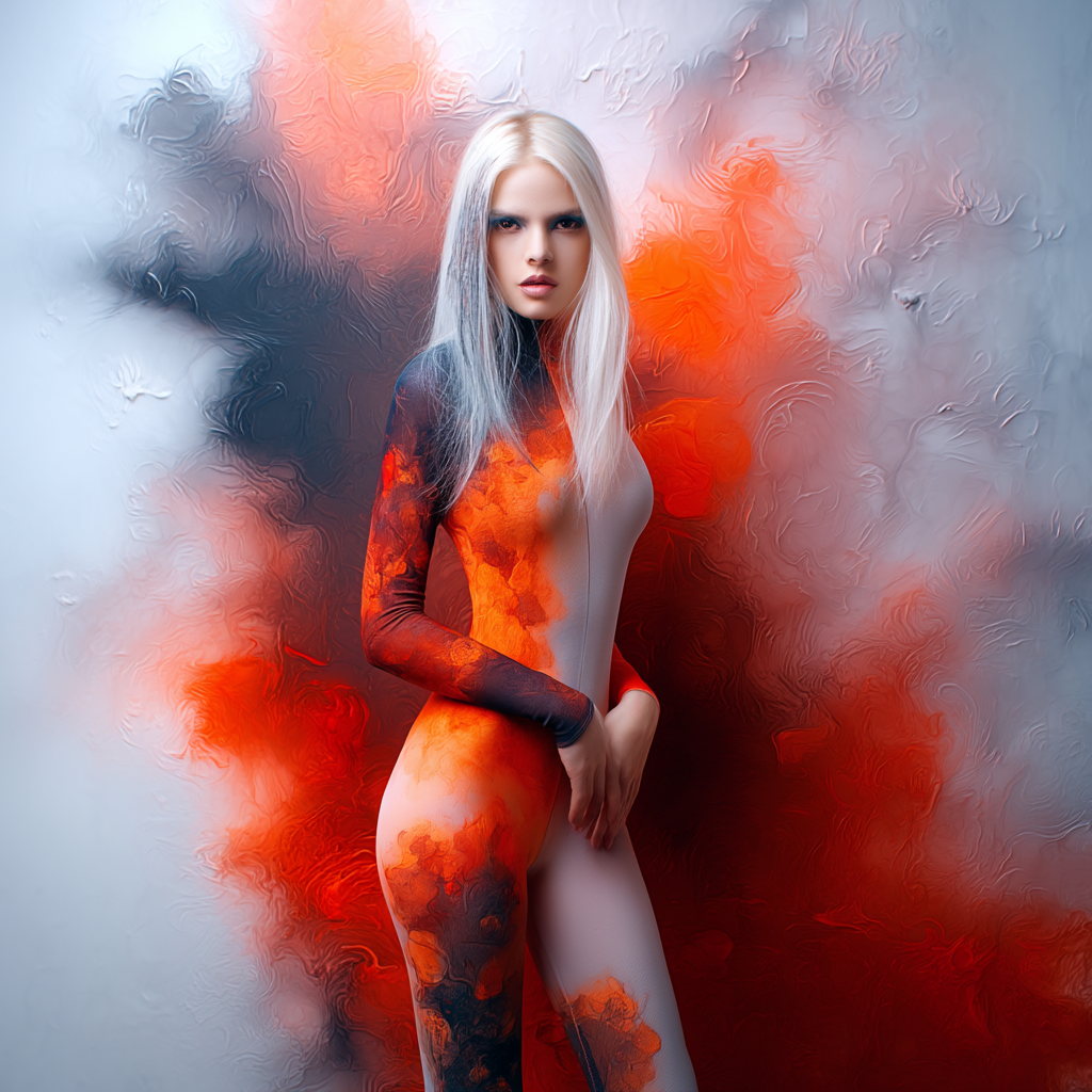 A woman with long blonde hair wearing a form-fitting bodysuit that features colorful abstract patterns in shades of orange, red, and black, posed against a textured background that complements her outfit.