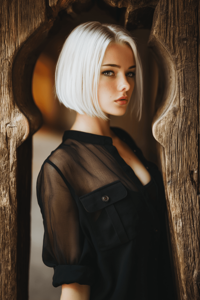 A close-up portrait of a woman with short, platinum blonde hair, wearing a sheer black blouse, standing framed by a wooden archway.
