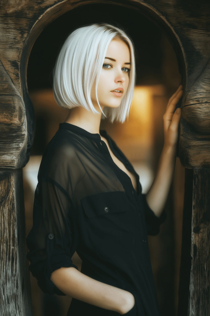 A young woman with short, platinum blonde hair poses gracefully by an archway, wearing a sheer black blouse and looking thoughtfully into the distance.