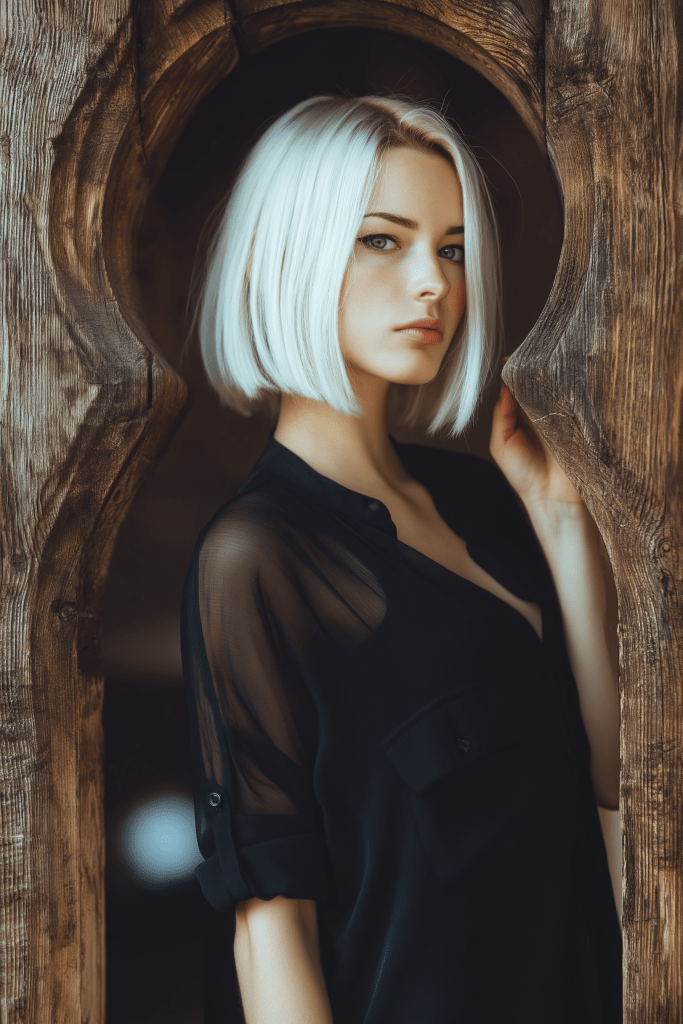 A young woman with short, platinum blonde hair poses in a stylized wooden archway, wearing a sheer black shirt.
