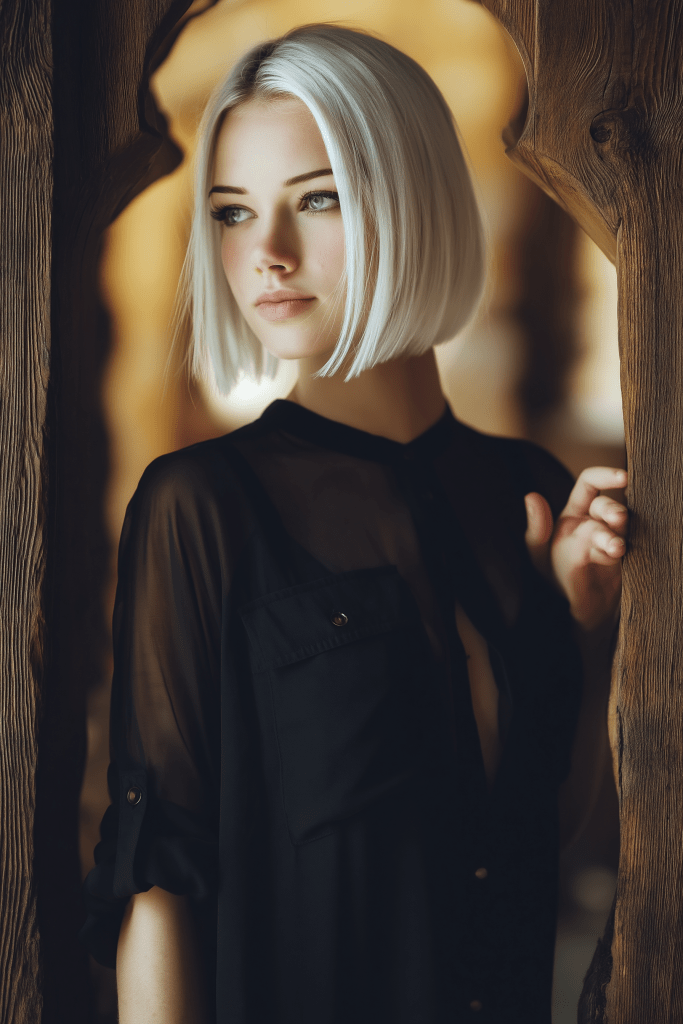 A woman with short, platinum blonde hair wearing a black sheer shirt, standing beside a wooden frame and looking thoughtfully to the side.