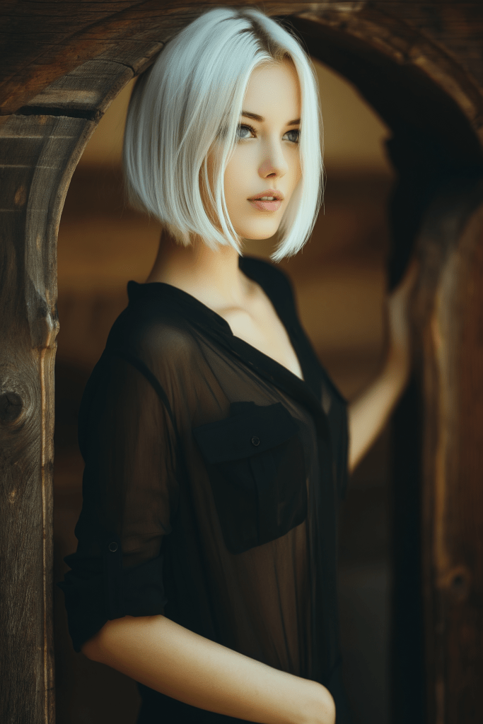 A woman with a short, platinum blonde bob hairstyle stands elegantly by a wooden doorway, wearing a sheer black shirt.