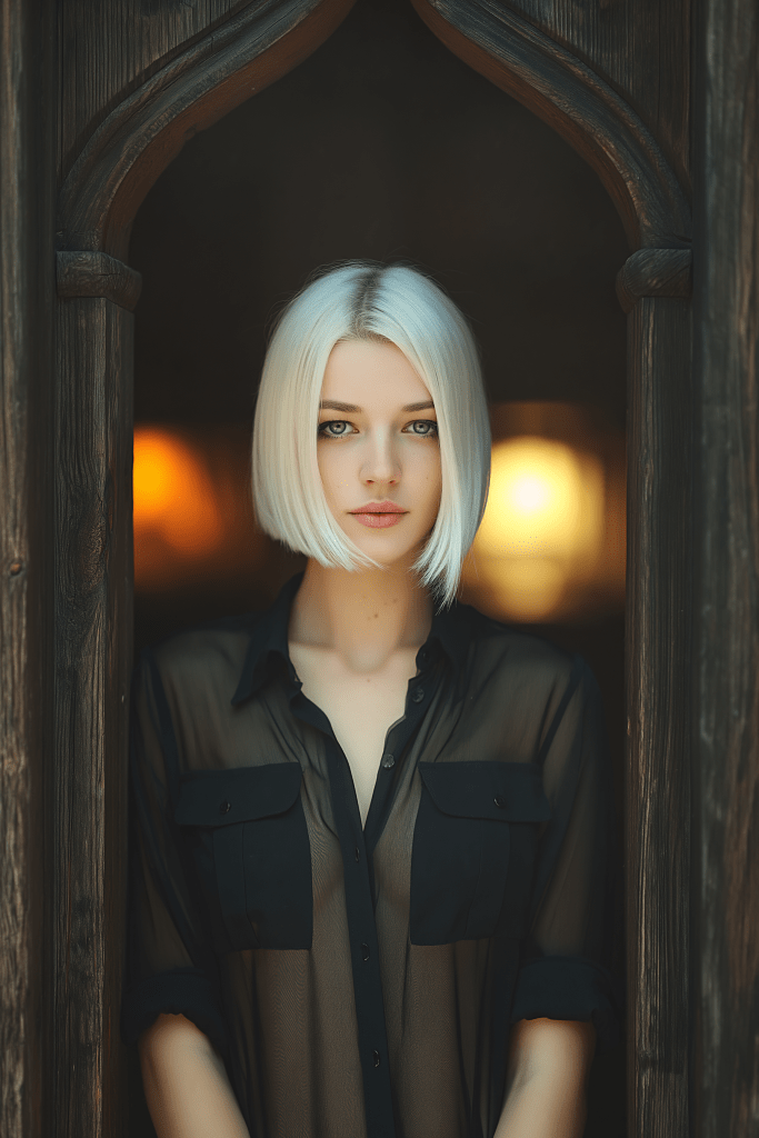 A young woman with short, platinum blonde hair is standing in an arched wooden doorway, wearing a black sheer shirt. Soft lighting from behind highlights her features.