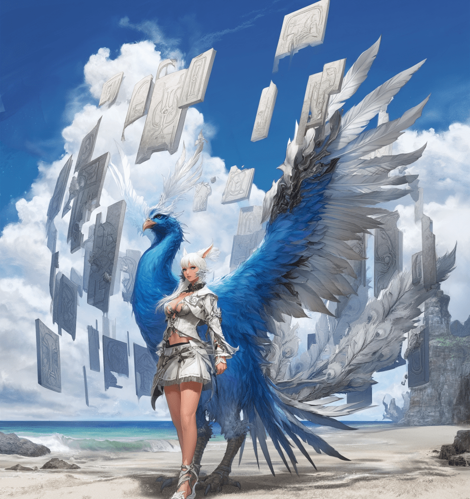 A character with white hair and cat-like ears stands on a beach, wearing a white outfit. Behind her is a large blue mythical bird with majestic feathers, surrounded by floating, engraved stone tablets against a bright blue sky.