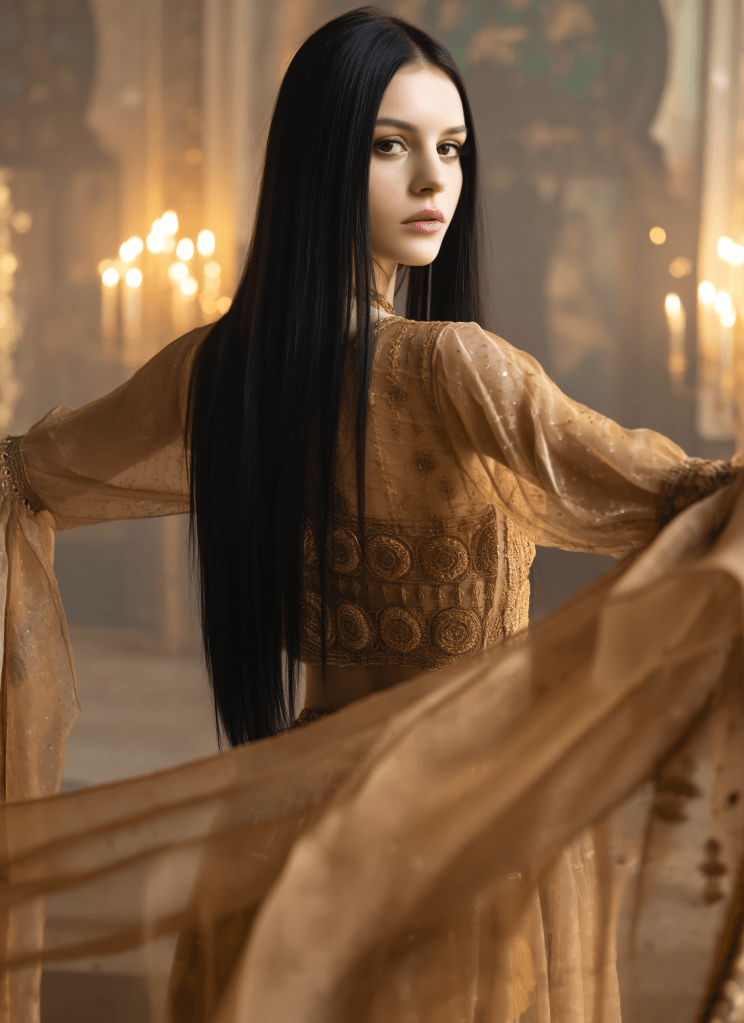 A woman with long dark hair wearing a decorative, flowing beige outfit stands gracefully, with soft lighting and candlelight in the background.
