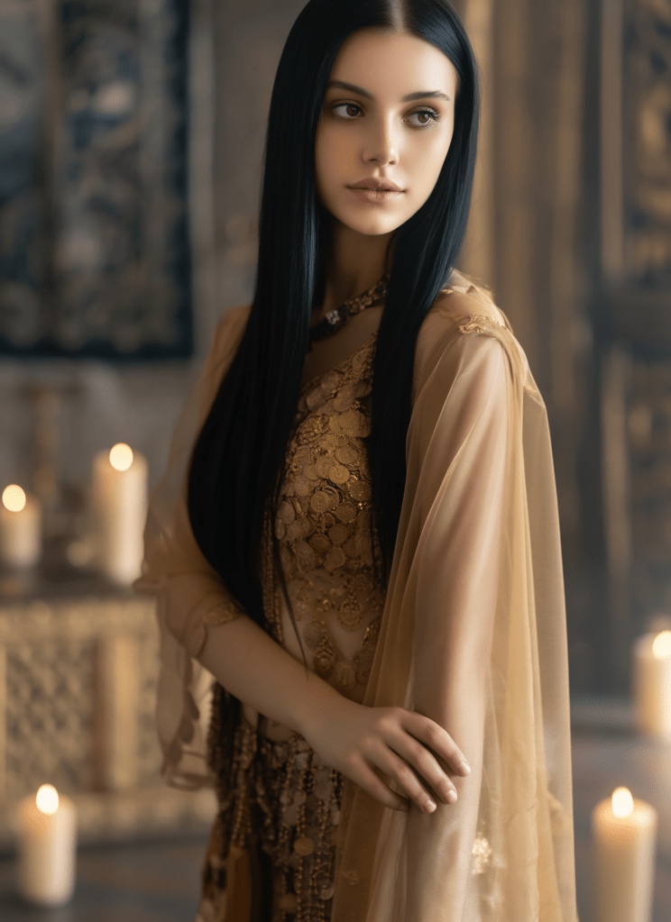 A young woman wearing a decorative outfit and a flowing shawl, posed gracefully among softly glowing candles in an ornate setting.
