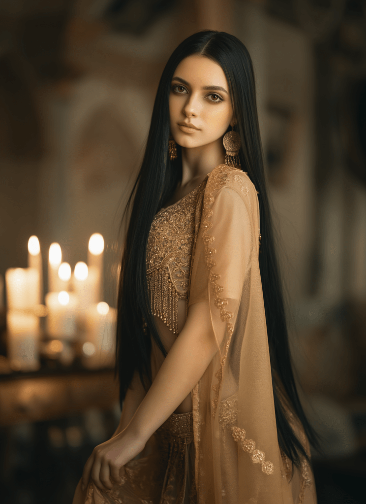 A young woman with long black hair, wearing intricate golden attire and earrings, poses elegantly in a softly lit room adorned with candles.