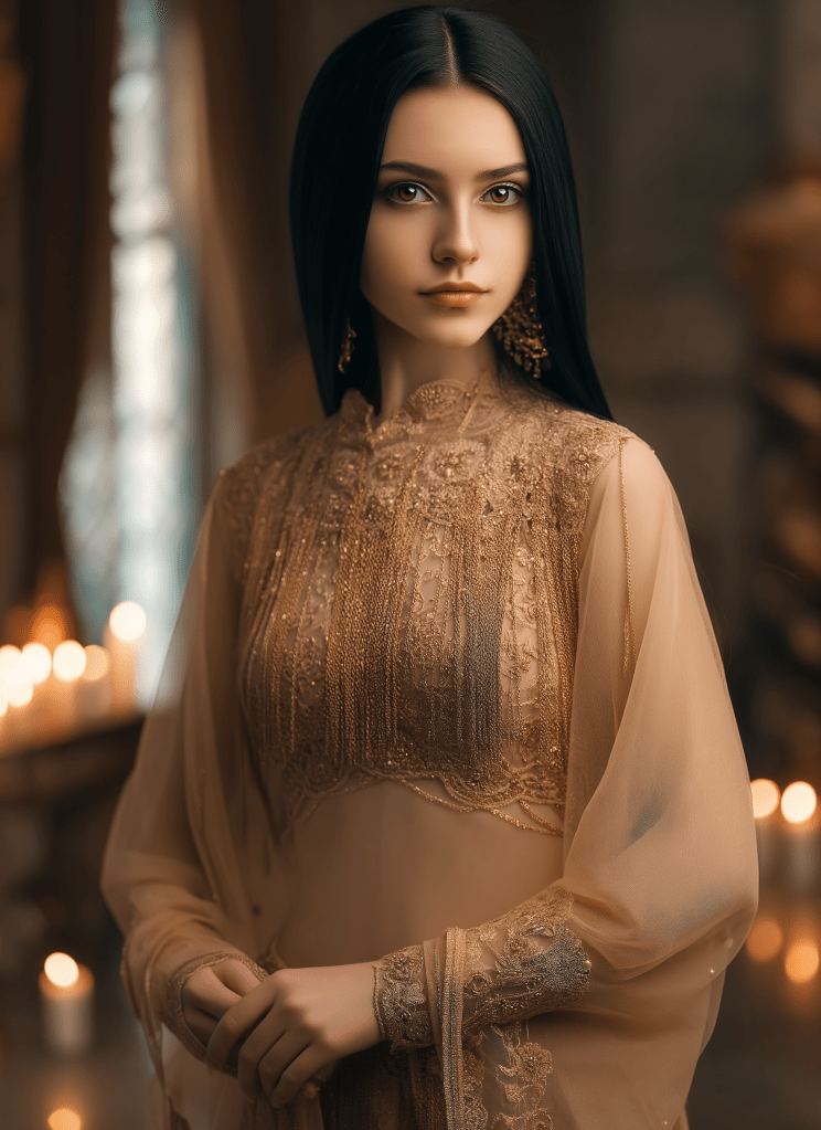 A young woman with long dark hair wearing a softly styled, ornate beige outfit, standing in a warmly lit room with candles in the background.