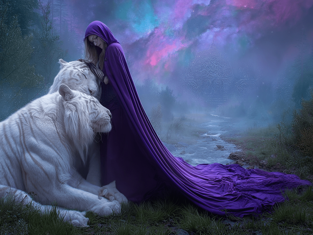 A woman in a flowing purple cloak stands next to a white tiger in a mystical forest setting, with a colorful nebula in the background.