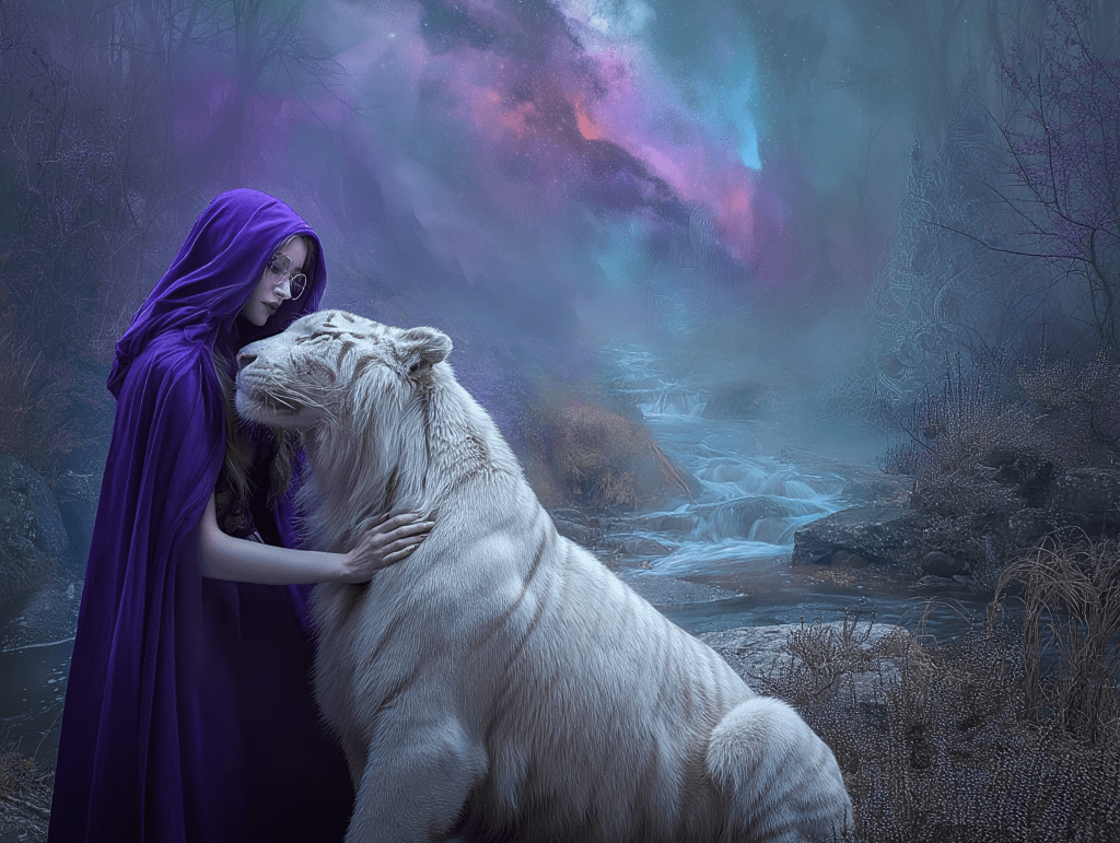 A young woman in a purple cloak gently embraces a white tiger in a mystical forest setting, with a starry night sky and flowing water in the background.