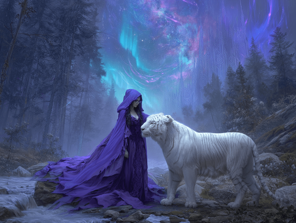 A woman in a flowing purple cloak stands next to a white tiger in a mystical forest setting, illuminated by a colorful night sky filled with northern lights.