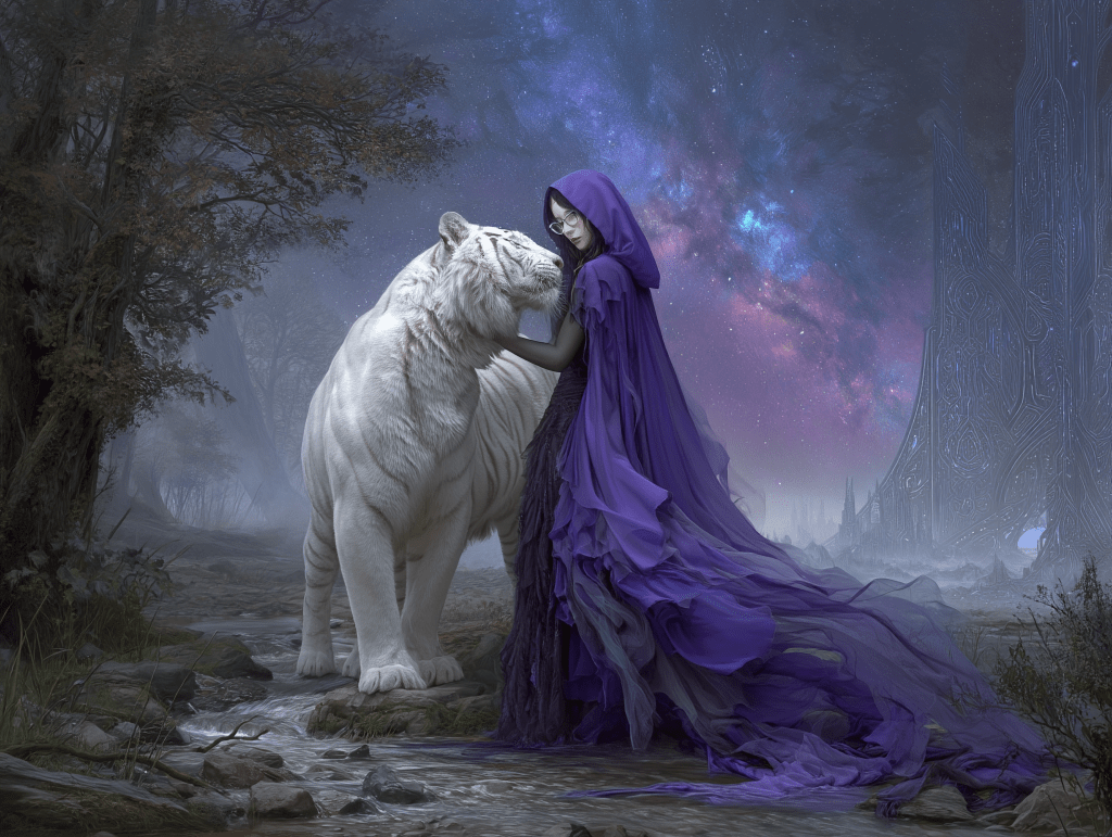 A mystical scene featuring a woman in a flowing purple gown embracing a white tiger, set against a starry night sky with a glowing galaxy in the background and ethereal landscapes.