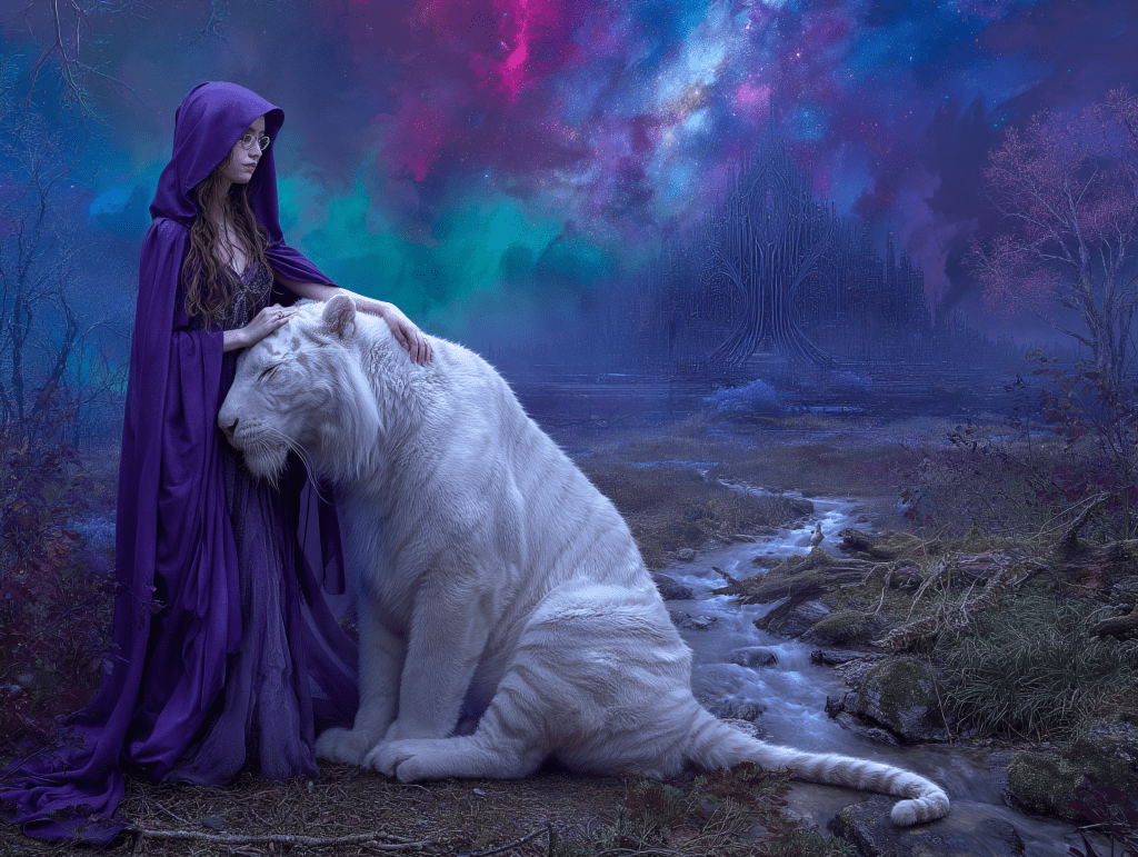 A mystical scene featuring a woman in a purple cloak with glasses, gently resting her hand on a large white tiger while standing near a stream in a surreal landscape with colorful cosmic elements in the background.