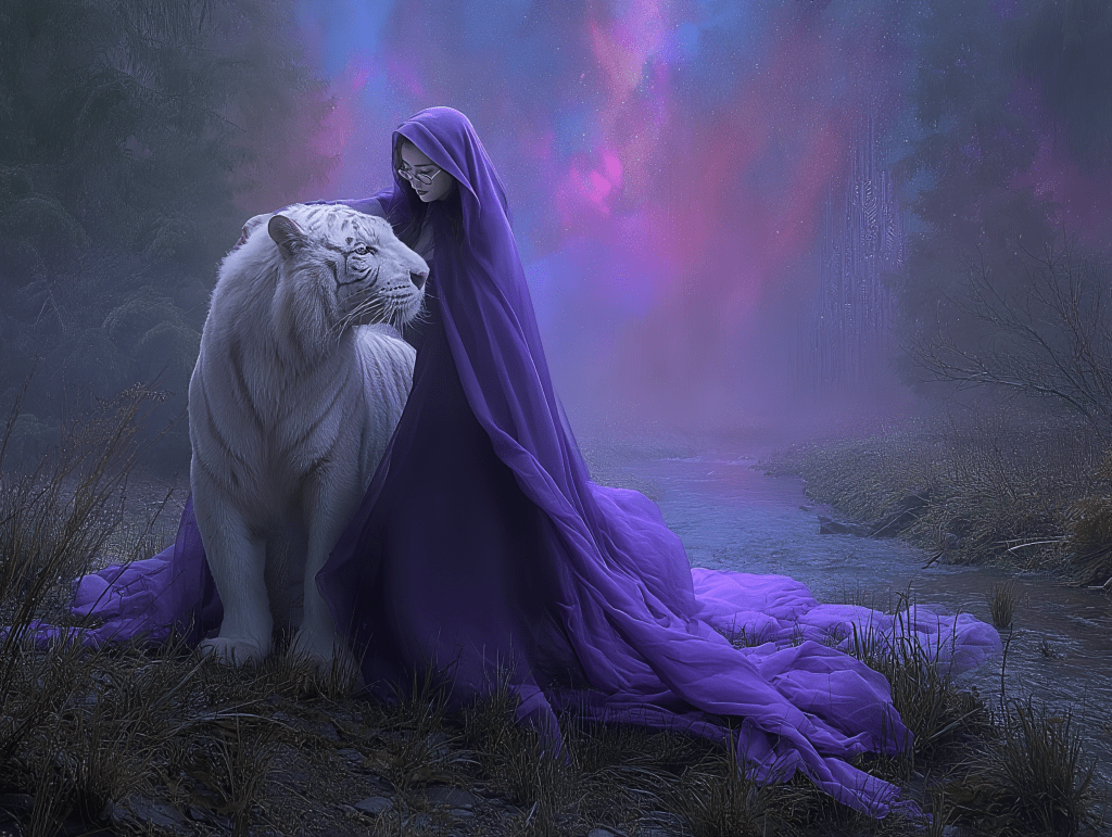 A mystical scene featuring a girl in a purple cloak standing next to a white tiger, with a dreamy, colorful nebula background and a serene river in the foreground.