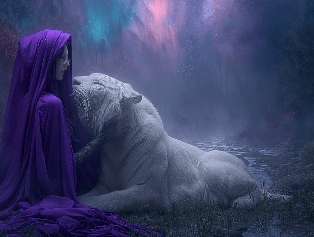 A serene scene featuring a young woman in a flowing purple cloak gently touching the head of a white tiger. The background has an ethereal atmosphere with mist and a colorful sky, enhancing the mystical quality of the moment.