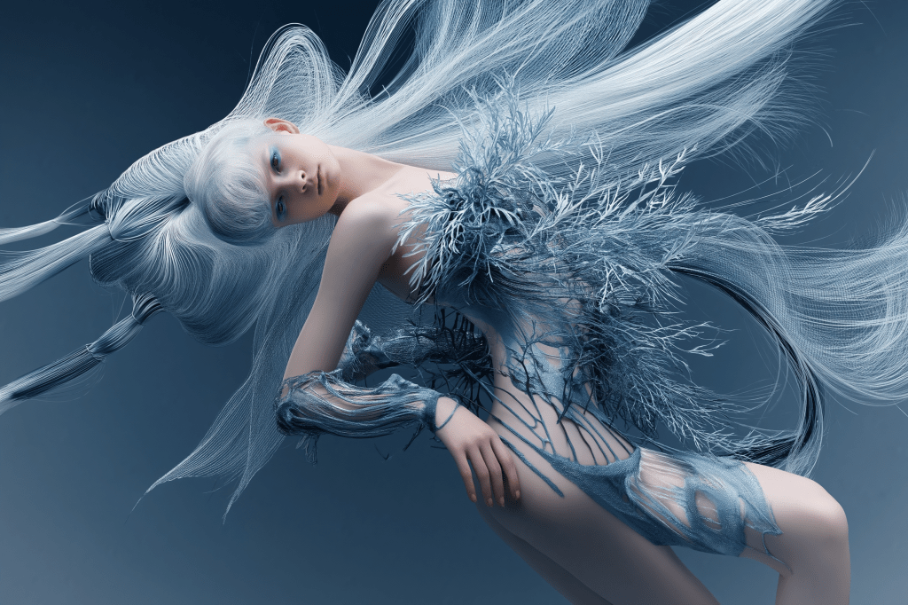 A stylized model with long, flowing white hair and a futuristic outfit that resembles icy branches, posing in a graceful manner against a blue background.