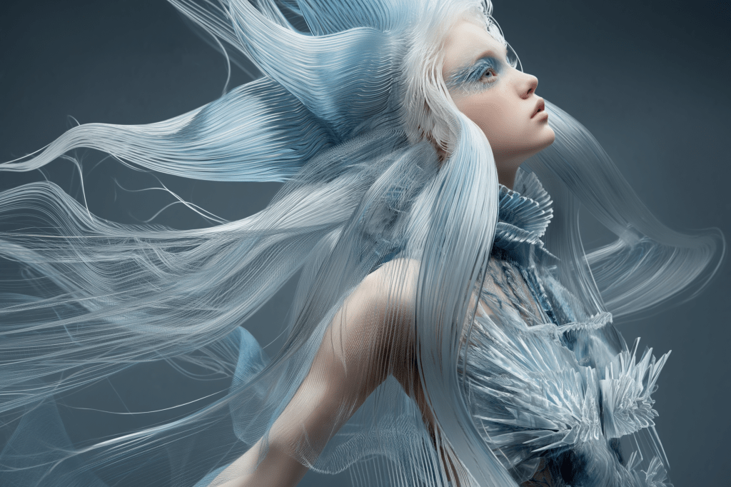 A model with long, flowing ice-blue hair wearing a intricate, icy-themed outfit. The hairstyle and costume feature delicate, textured elements that resemble frost or ice.