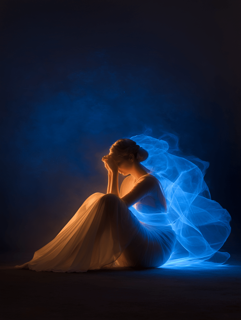A woman in a flowing dress sits with her head bowed, surrounded by soft blue light and a smoky atmosphere, conveying a sense of contemplation.