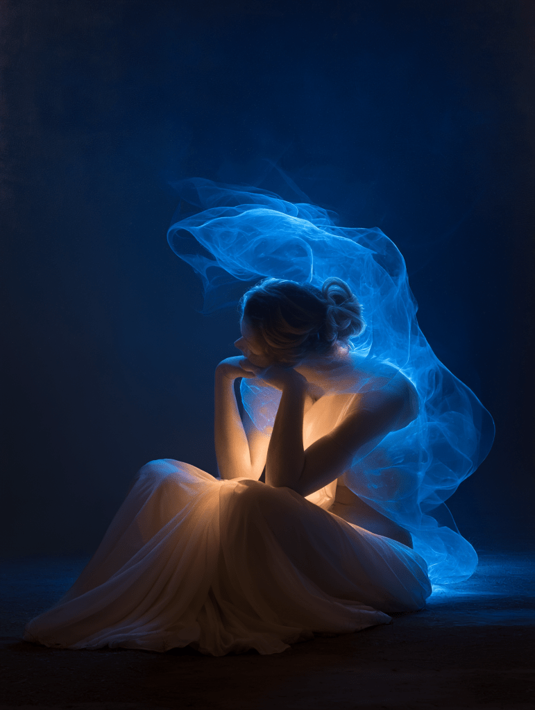 A woman in a flowing white dress sits in a contemplative pose, surrounded by soft blue light and ethereal smoke effects.