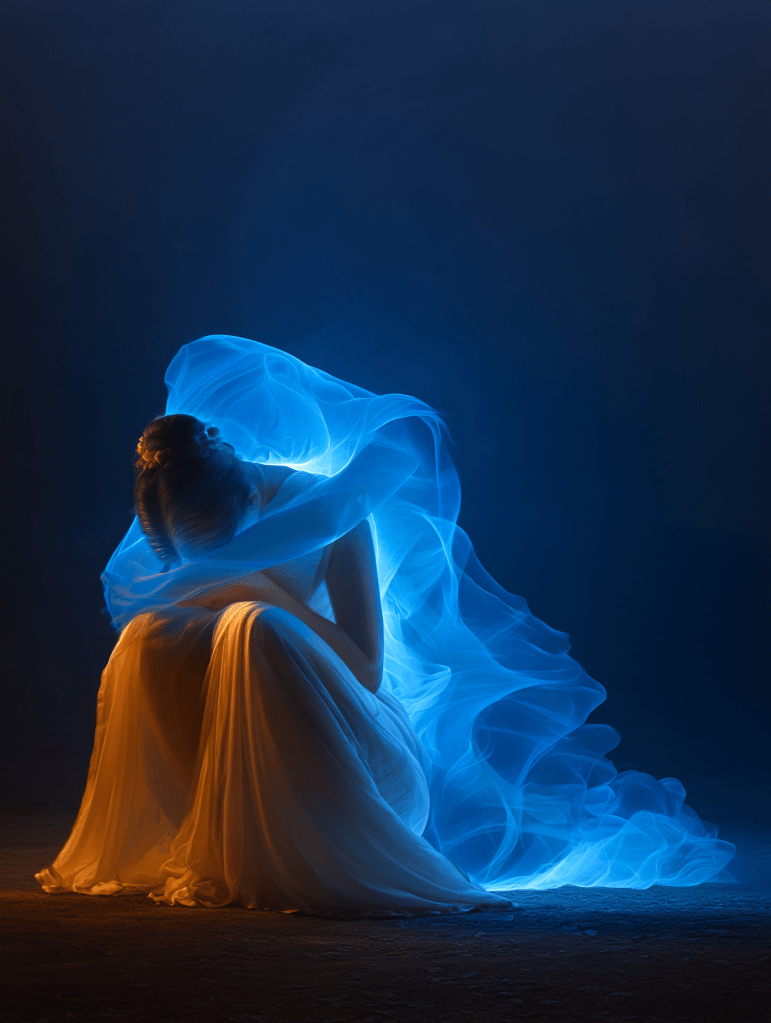 A figure in a flowing white dress with ethereal blue fabric swirling around them, sitting in a contemplative pose against a dark background.
