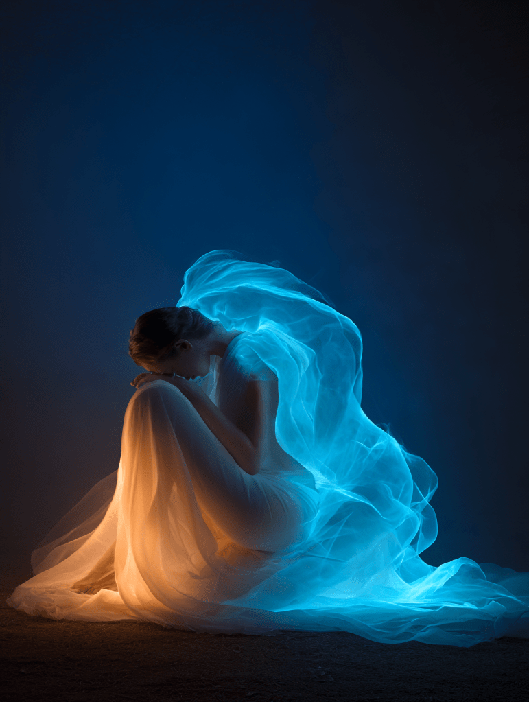 A figure draped in flowing fabric of blue and orange hues sits gracefully on a dark background, evoking a sense of tranquility and introspection.
