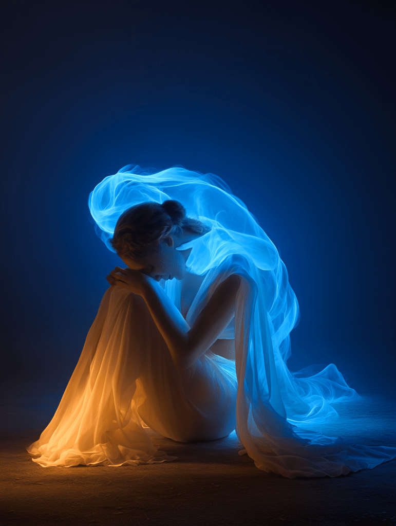 A figure draped in flowing fabric, sitting in a curled position, surrounded by wisps of blue and orange light against a dark background.