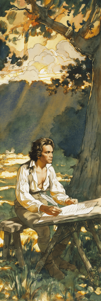 A young man in a white shirt sits at a wooden table in a sunlit forest, sketching on a piece of paper with a thoughtful expression.