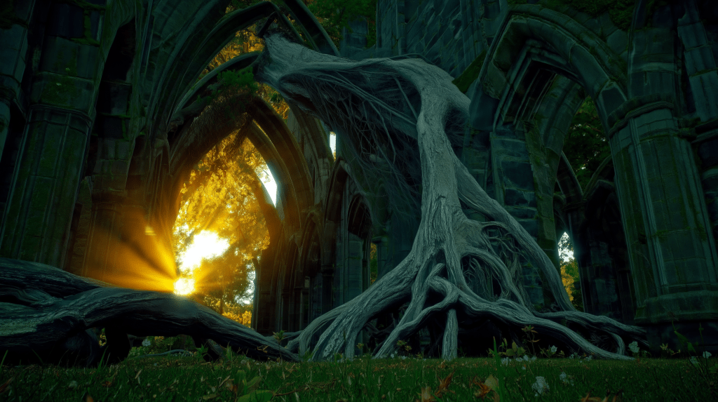 A gnarled tree with exposed roots stands in an ancient, stone archway, illuminated by sunlight streaming through the ruins.