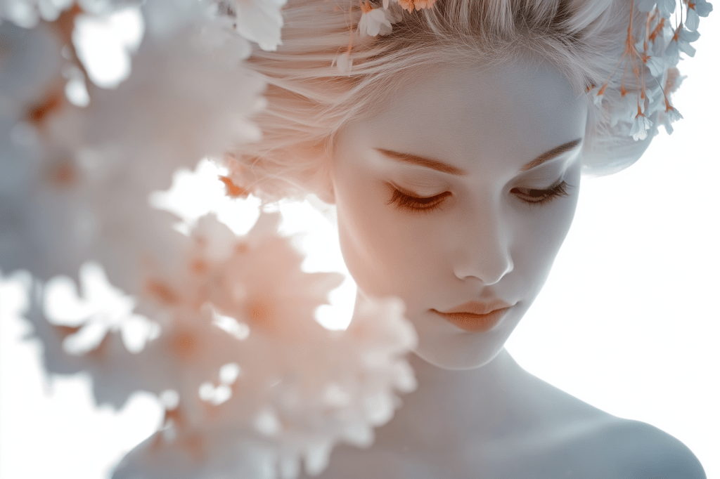 A close-up portrait of a young woman with light hair adorned with flowers, looking down thoughtfully against a soft, blurred background.