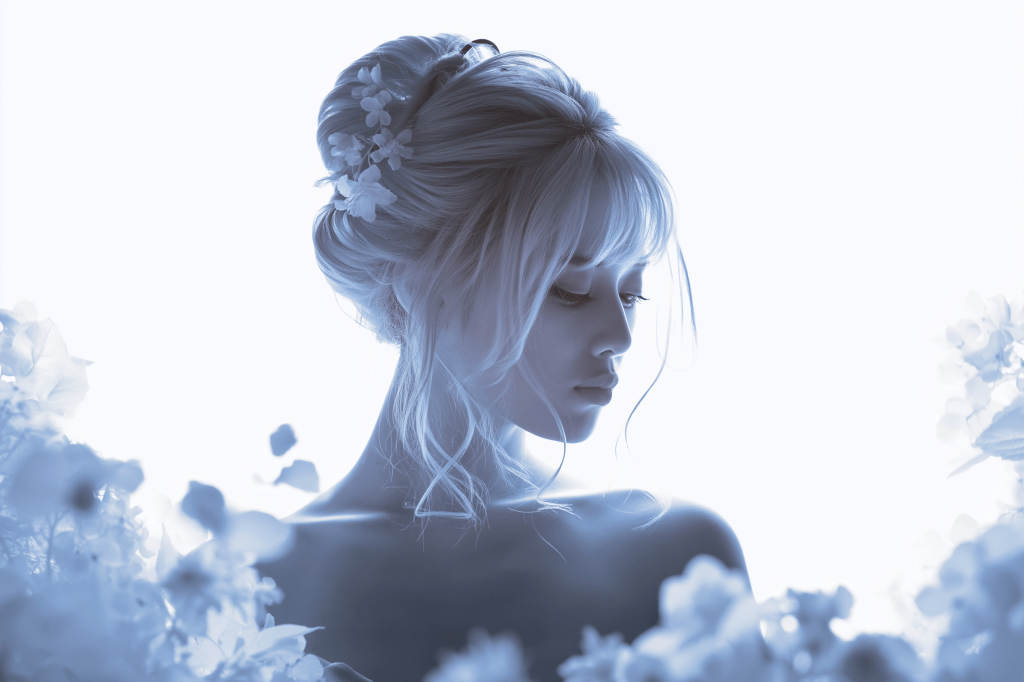 A profile portrait of a woman with an elegant updo hairstyle adorned with small flowers, set against a soft, brightly lit background featuring floral elements.