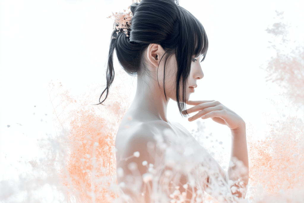 A profile portrait of a woman with long hair, adorned with flowers, surrounded by soft, ethereal foliage in shades of pink and white.