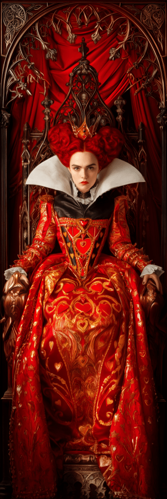 A regal character with bright red hair and a crown seated on an ornate throne, wearing a stunning red and gold gown decorated with intricate patterns, set against a backdrop of rich red drapery.