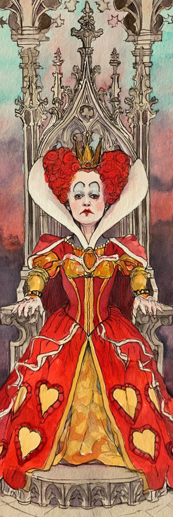 Illustration of a queen with red hair and a crown, seated on an ornate throne, wearing a red gown adorned with heart shapes, against a backdrop of a colorful sky.