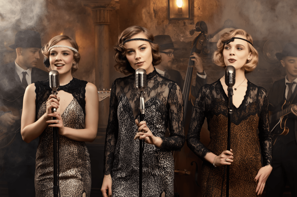 Three female singers in vintage-style dresses with leopard prints, standing in front of vintage microphones, performing on stage surrounded by musicians in a smoky, retro-themed setting.