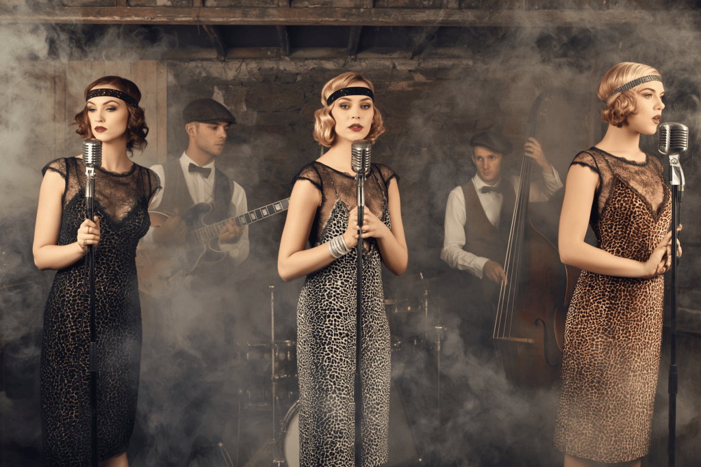 Three female singers in 1920s-style dresses and headbands perform on stage, with a musician playing guitar and a double bass in the background, surrounded by smoke.