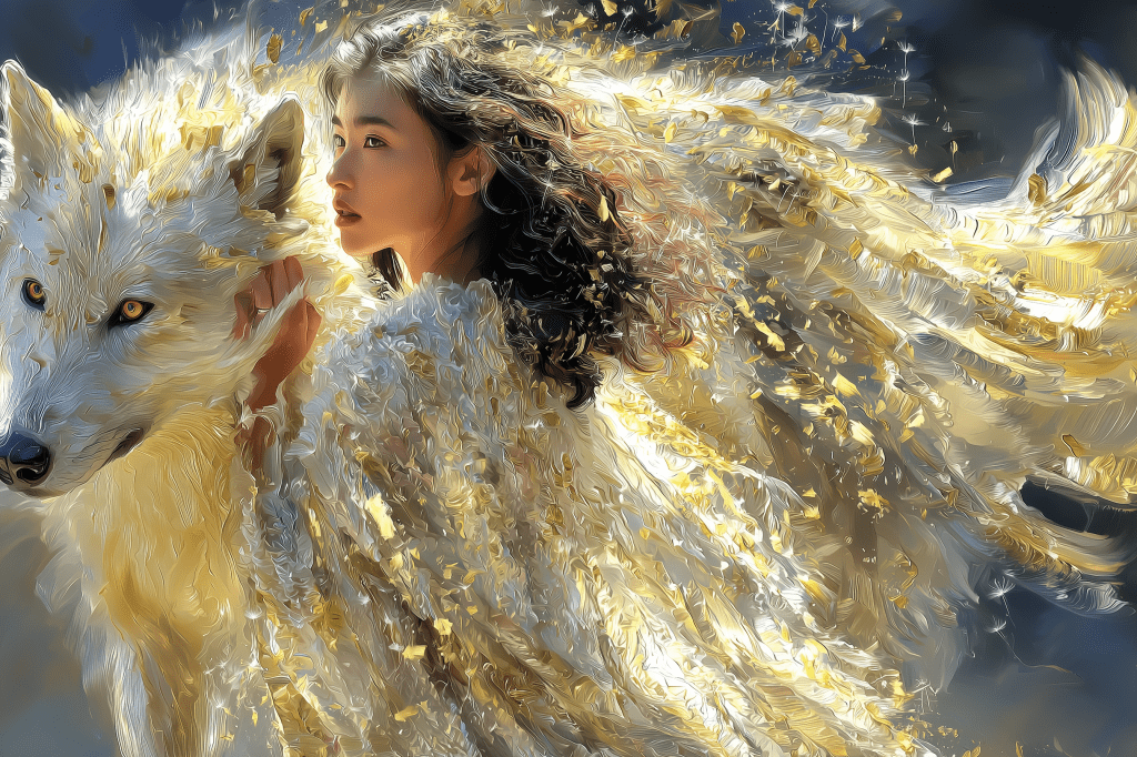 A mystical woman with curly hair, dressed in a flowing white and golden outfit, stands alongside a large white wolf. The scene is ethereal, with the background featuring soft blues and hints of golden light, creating a dreamlike atmosphere.