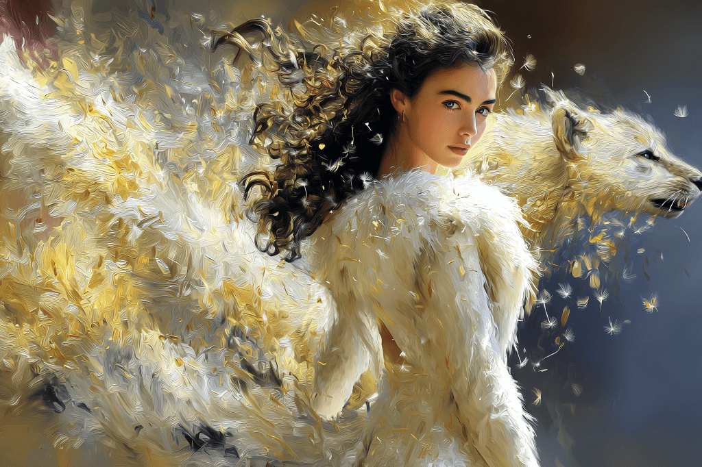 A woman with flowing hair wearing a white, fluffy garment, standing next to a stylized white wolf with a dramatic backdrop of swirling colors and textures.