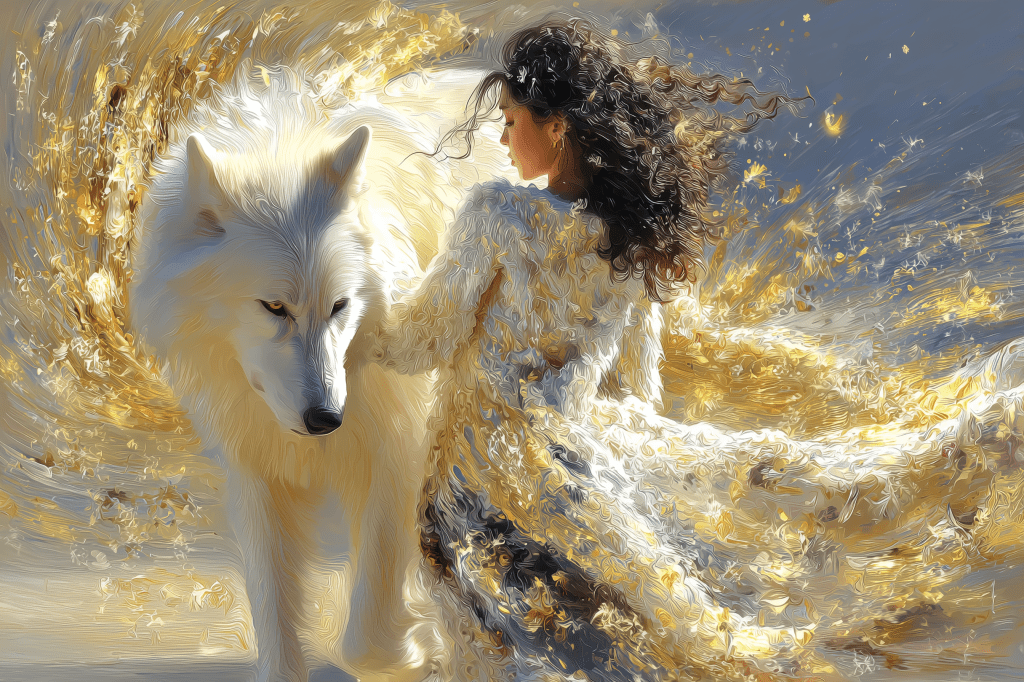 A woman in a flowing white dress stands beside a majestic white wolf, surrounded by swirling golden particles, creating a mystical atmosphere.