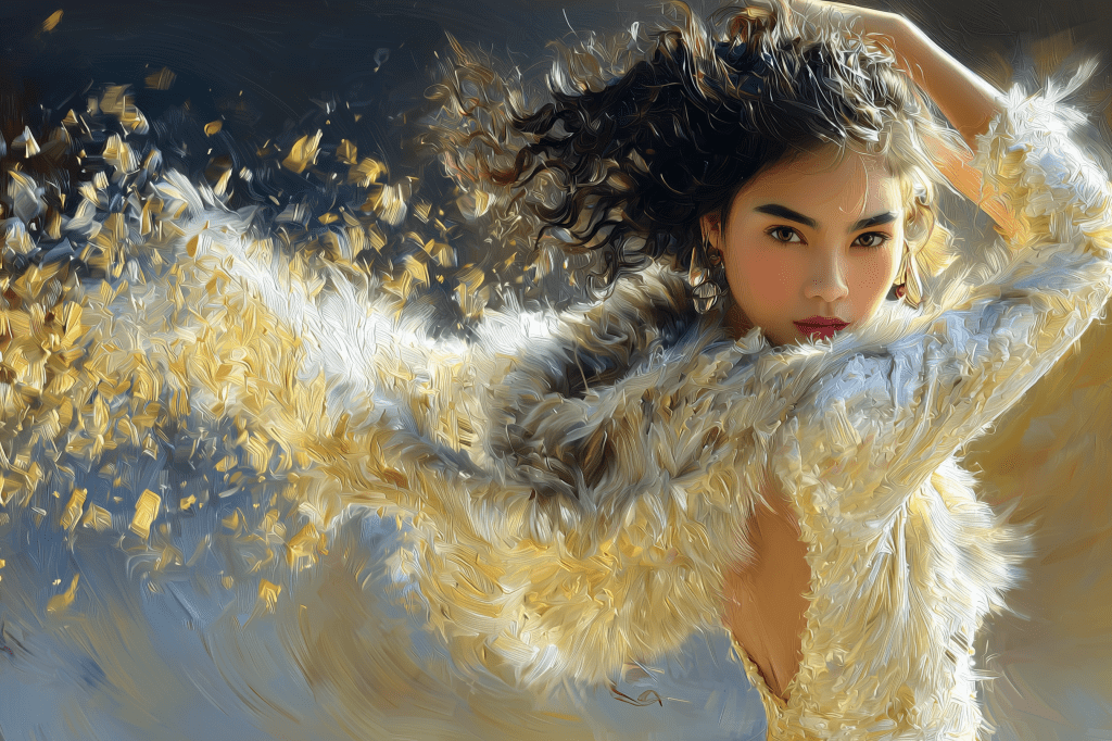 A woman with flowing curly hair wearing a luxurious, fluffy golden outfit, posed dramatically with an intense expression, surrounded by shimmering golden particles.